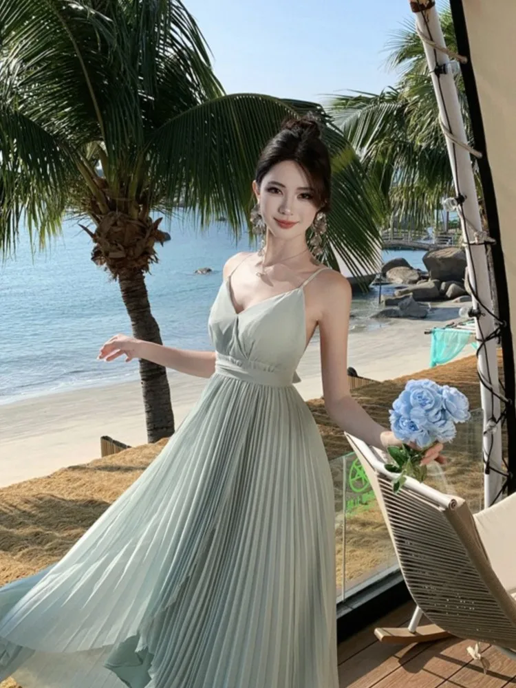 مثير أنيق مطوي فستان طويل للنساء الصيف الخامس الرقبة عارية الذراعين عطلة الشاطئ الدانتيل متابعة ألف خط فساتين الإناث Vestidos 2025 جديد