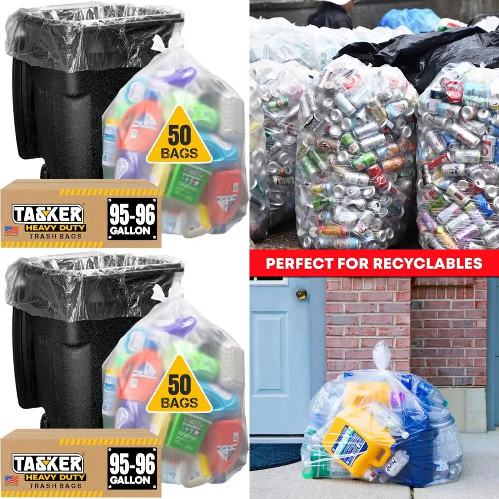 

Сверхбольшие прочные прозрачные пластиковые мешки для мусора, 90-100 галлонов, экономичная упаковка из 50 штук с завязками