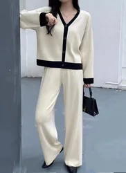 New Casual Fashion Pant Sets Women Knitted Autumn Patchwork V-neck Long Sleeve Cardigan Sweater + Wide Leg Pants 2 Piece Outfit