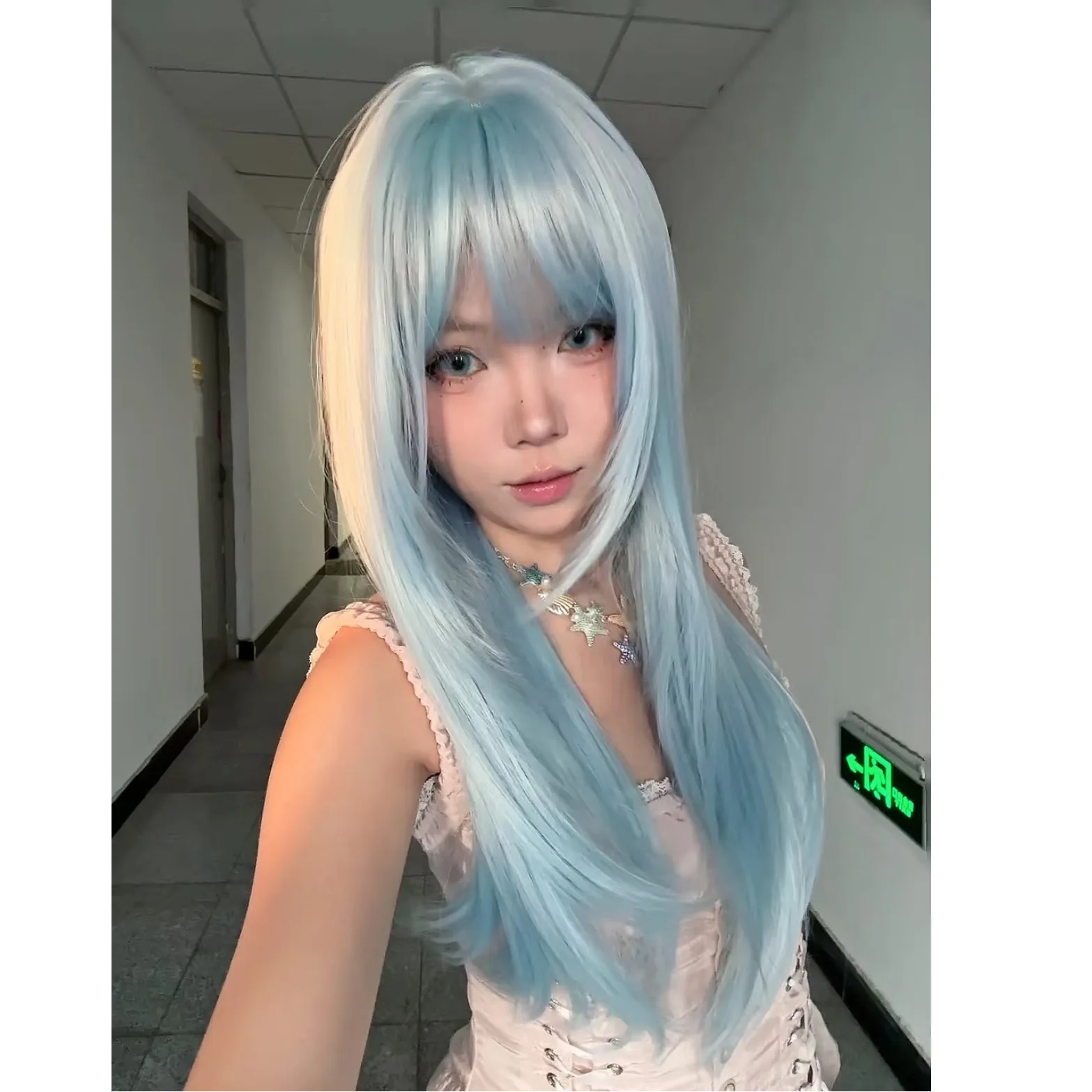 Angel Ice Blue Wig Female Daily Lolita Long Straight JK Reality Head Wearing Wig Full Head Hairstyle Baby Blue Wig