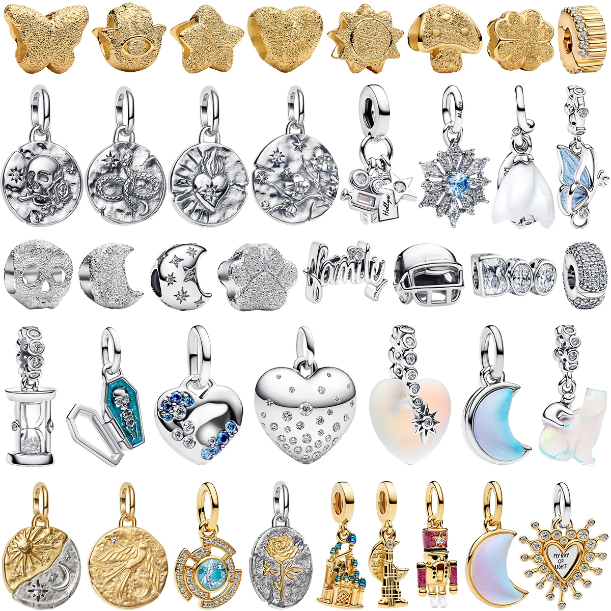 

Authentic 925 Sterling Silver Golden Round Charms Horse Lion Castle Beads Bracelet Necklaces Womens Christmas Halloween DIY Gift