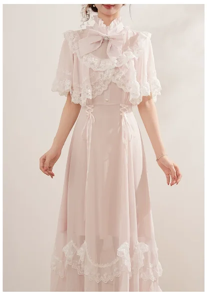 Women Summer Temperament Japanese Sweet Lace Shawl Dresses Fashion High Waist A-line Age Reduction Elegant Princess Long Dress