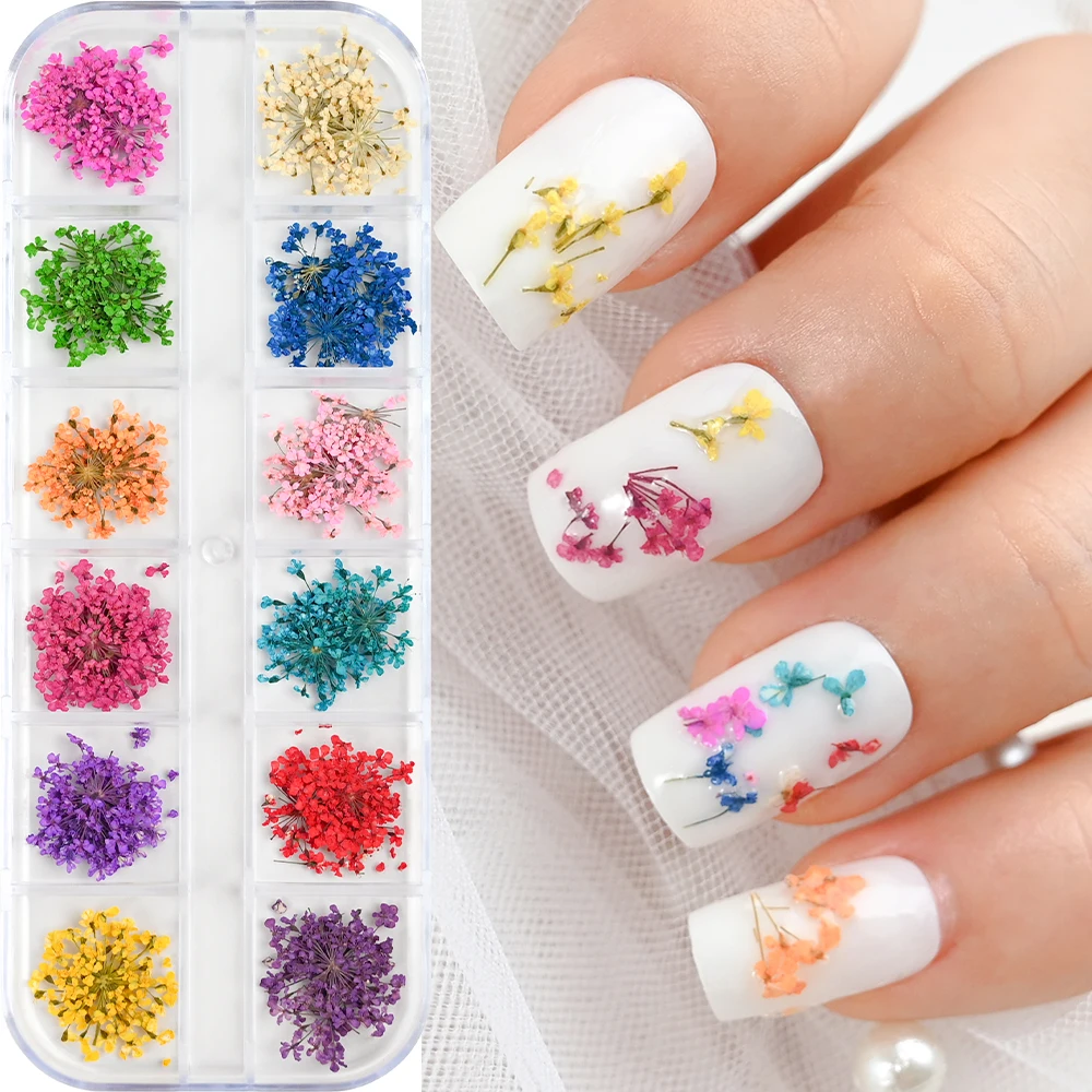 12Grids Dry Flower Nail Art Decoration Real Mini Dried Blossom Stickers Natural Floral Charms Designs DIY Manicure Nails Access*