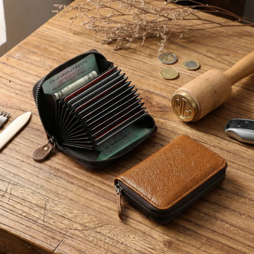 Top Layer Leather Multifunctional Zipper Accordion Card Holder for Unisex Genuine Leather Large Capacity Wallet Credit Card Case