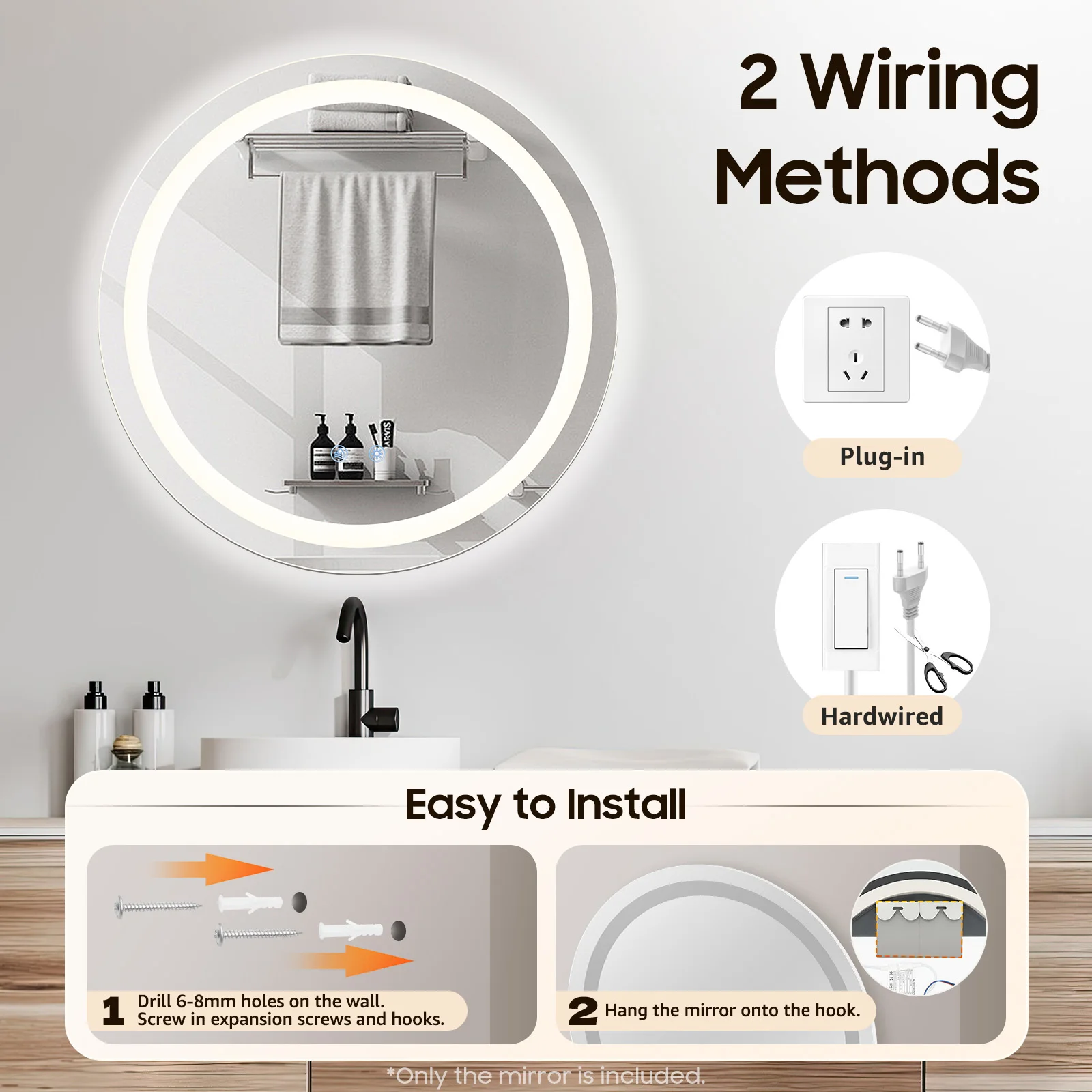 LED Lighted Bathroom Mirror Round Bathroom Mirror 3 Color Light Dimmable Wall Mounted Bathroom Mirror with Lights Smart Anti-Fog