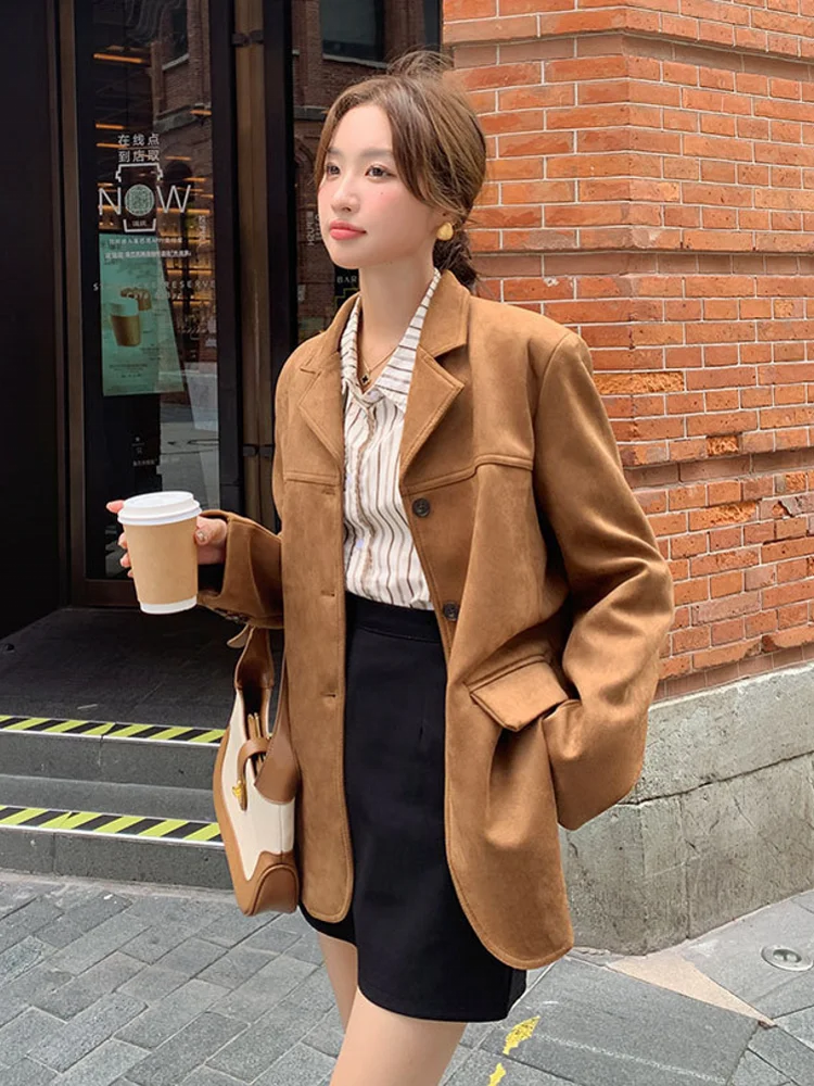 Vintage Women Faux Suede Leather Blazer Mid Long Single Breasted Office Ladies Work Casual Suit Coat Spring New Straight Jacket