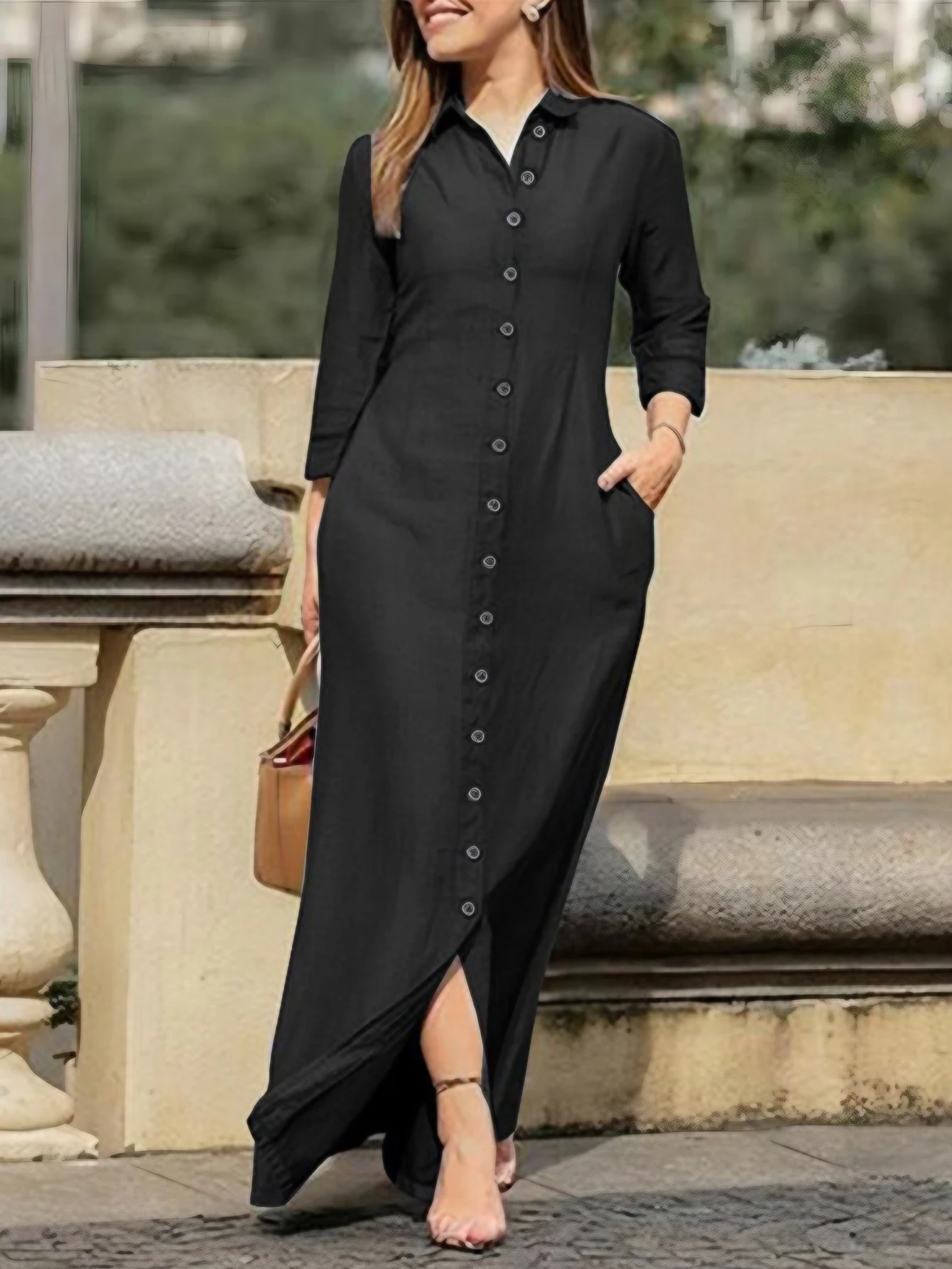 Abito camicia maxi da donna monopetto manica lunga da ufficio Lady decente design a fessura semplice autunno inverno abbigliamento quotidiano