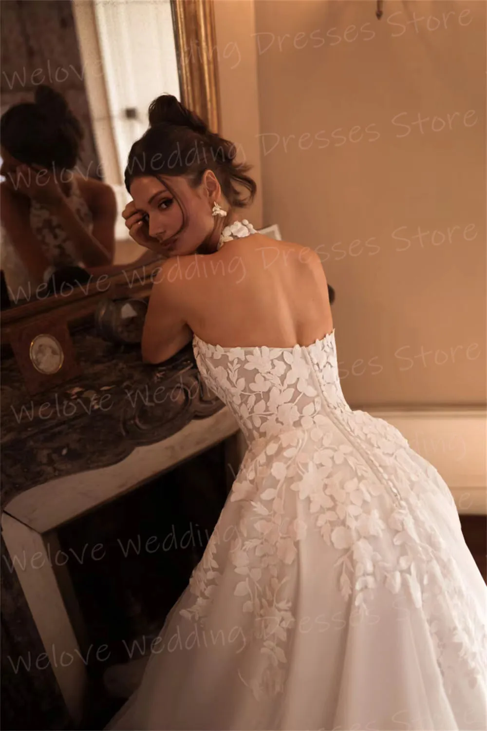 Sexy A-Linie Damen Spitze Applikationen Neckholder Brautkleider Robe De Mariée Maßgeschneiderte Brautkleider Rückenfrei Vestido De Novia