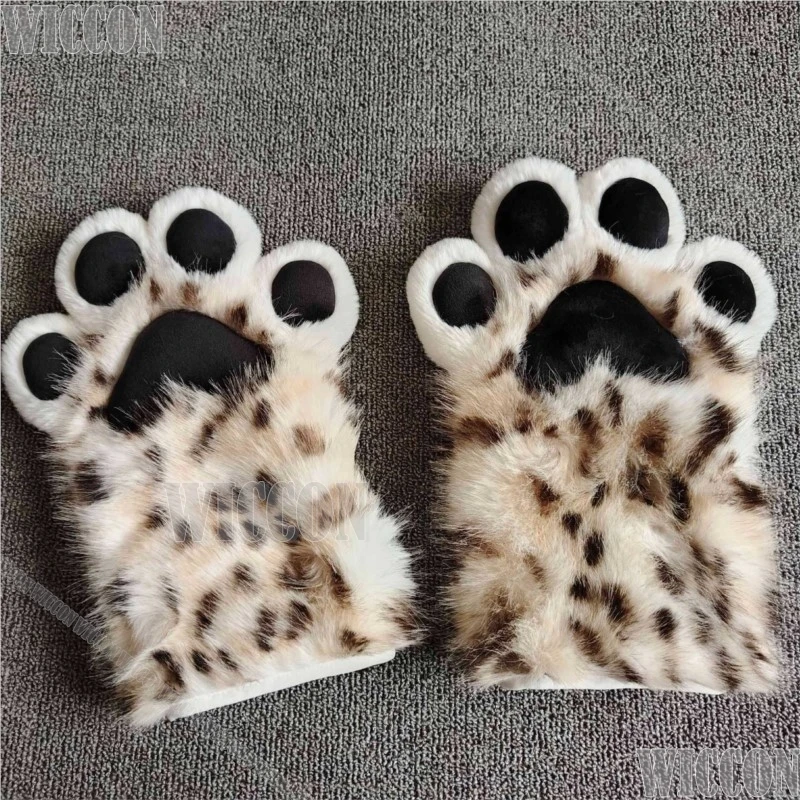 Furry Kigurumi Cosplay Leopard Print Finger Gloves Cos Animal Leopard Paw Women Girl Furred Costume Holloween Gifts Customized