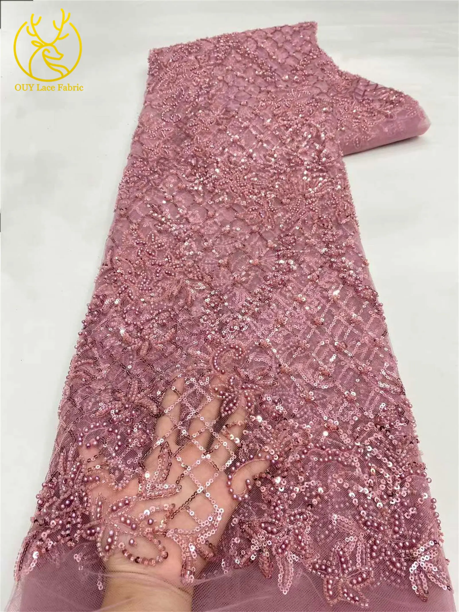 Roter afrikanischer Perlen-Spitzenstoff 2026, hochwertiger nigerianischer Pailletten-Spitzenstoff für Damen, Hochzeitskleid und Abendkleid, Nähen – Detail 14
