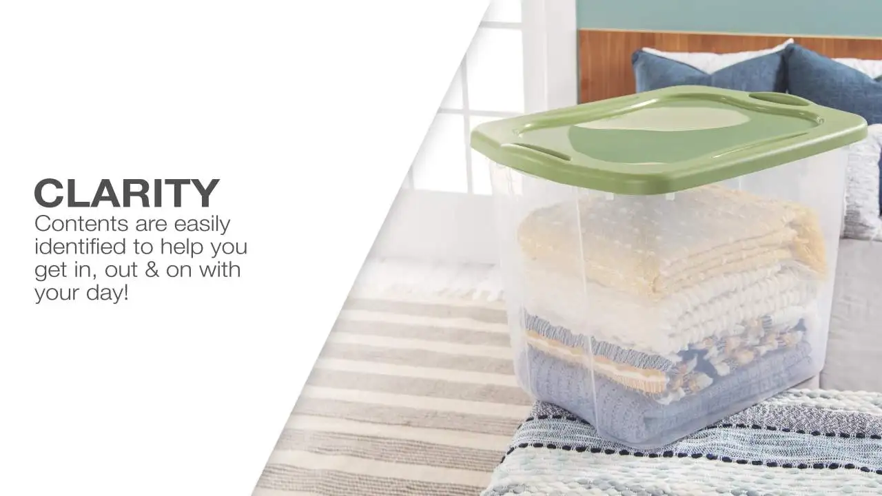 95 Quart Ez Carry, Clear Plastic Storage Bin, Full-Grip Handles, Green