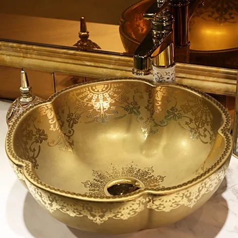 Ceramic Art Basin Sink Counter Top Wash Basin Bathroom Vessel Sinks vanities flower shape golden carving art wash basin