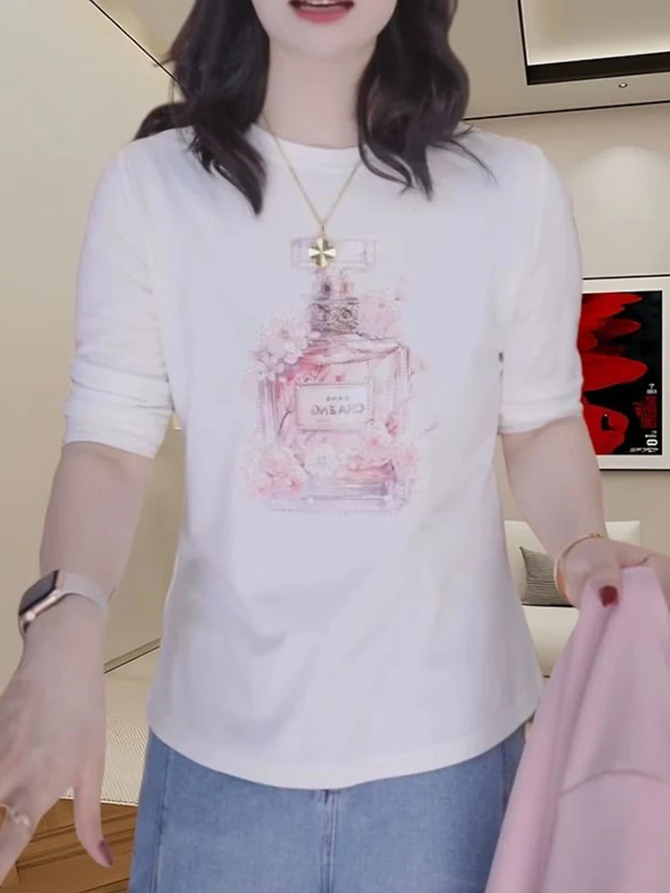 

Fashion Casual Long Sleeve Perfume Bottle Print T-Shirt Women's Spring New Style Elegant High-End Feeling Top Korean Loose Fit