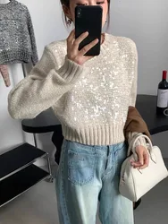 Sequins Sweater Women Autumn Spring 2024 New Fashion Long Sleeve O Neck Pullover Chic Casual Knitted Vintage Jumpers