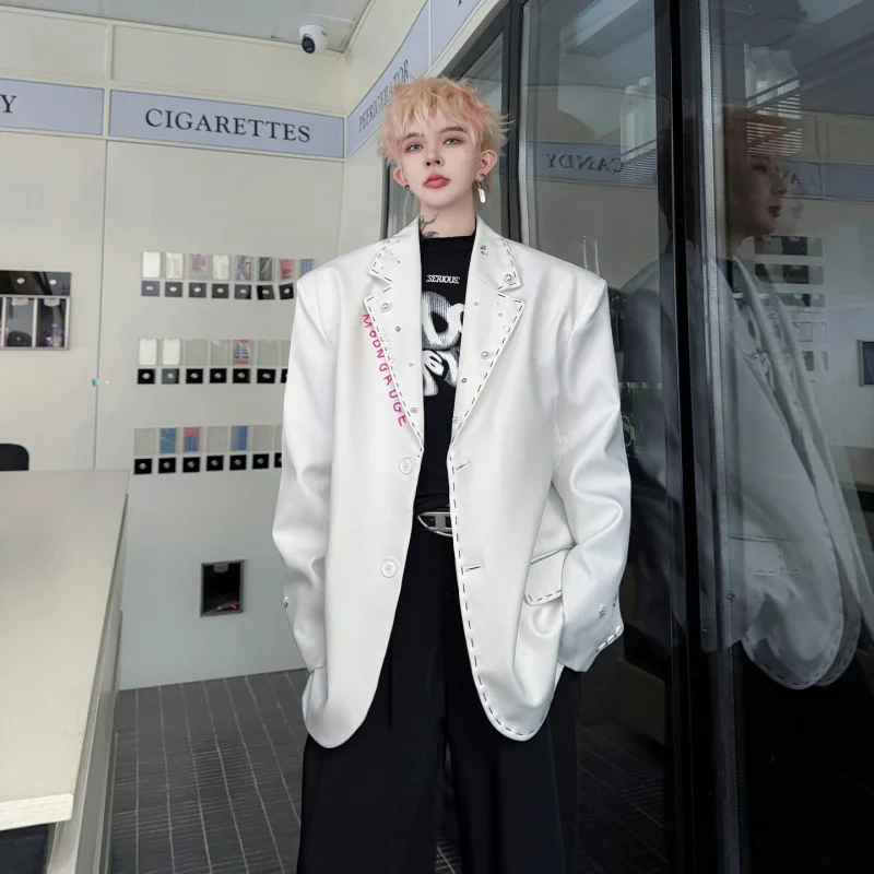 

Spring 2026 Men's Handmade oulder Pad Suit Jaet Loose Fit Casual round Hem Long Sve Classic Collar Single Button Closure