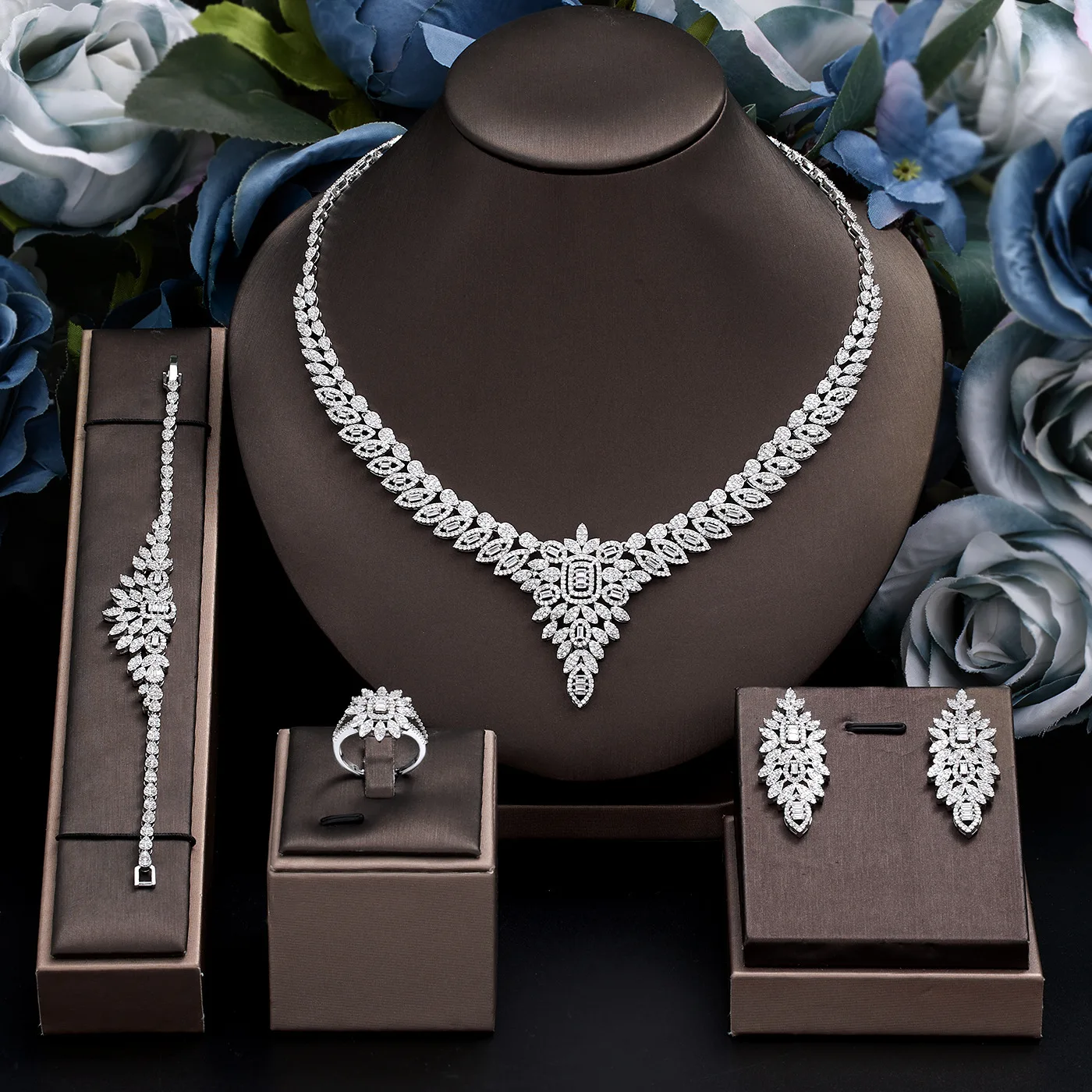 4PCS Luxury Cubic Zircon Bridal Jewelry Set Necklace Earrings Bracelet Ring Wedding Party Women Crystal Jewelry Accessories Gift