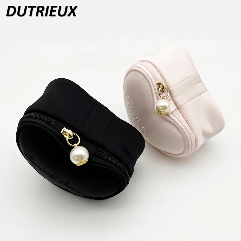 Sweet Heart-Shaped Makeup Bags Travel Portable Jewelry Box Pearl Pull Head English Letter Embroidery Women\'s Storage Bag