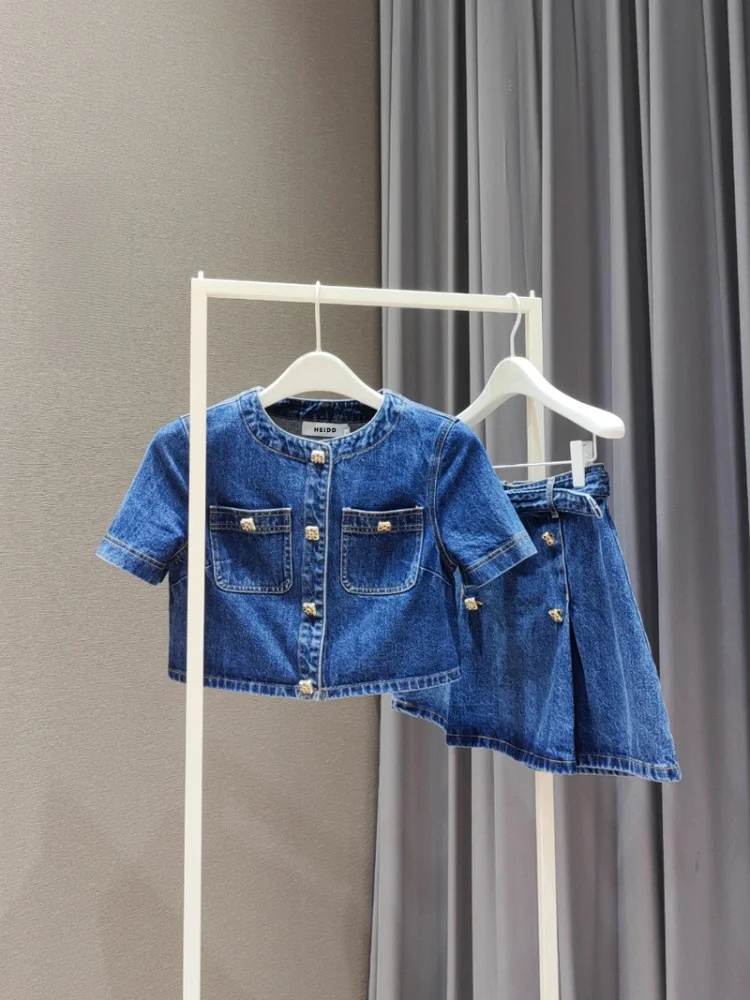 

Летний комплект из джинсовой блузки с коротким рукавом и юбки с высокой талией, женский повседневный модный хлопковый костюм из двух предметов