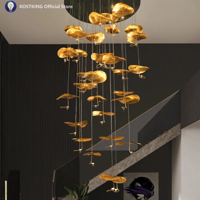 New Multiple Heads Copper Gold Lotus Staircase Led Chandelier for Villa Stair Lighting Fixtures Home Indoor Hanging Lamp