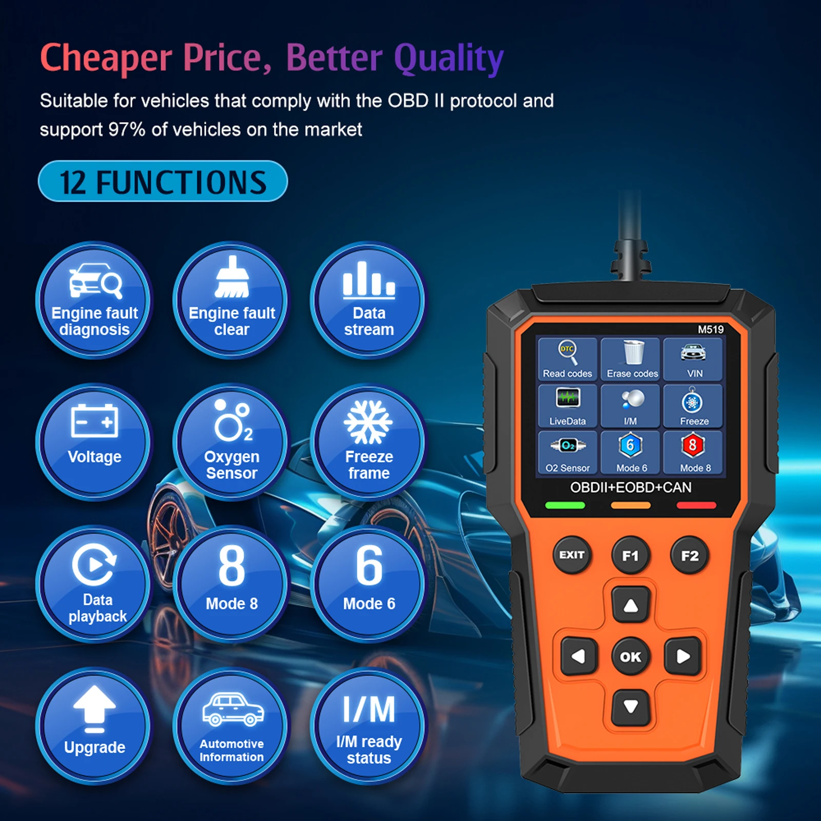 M519 Car Obd2 Scanner Diagnostic Tool Code Reader Engine Fault Code Reader Scanner Can Diagnose All Obd Ii Protocol Cars New