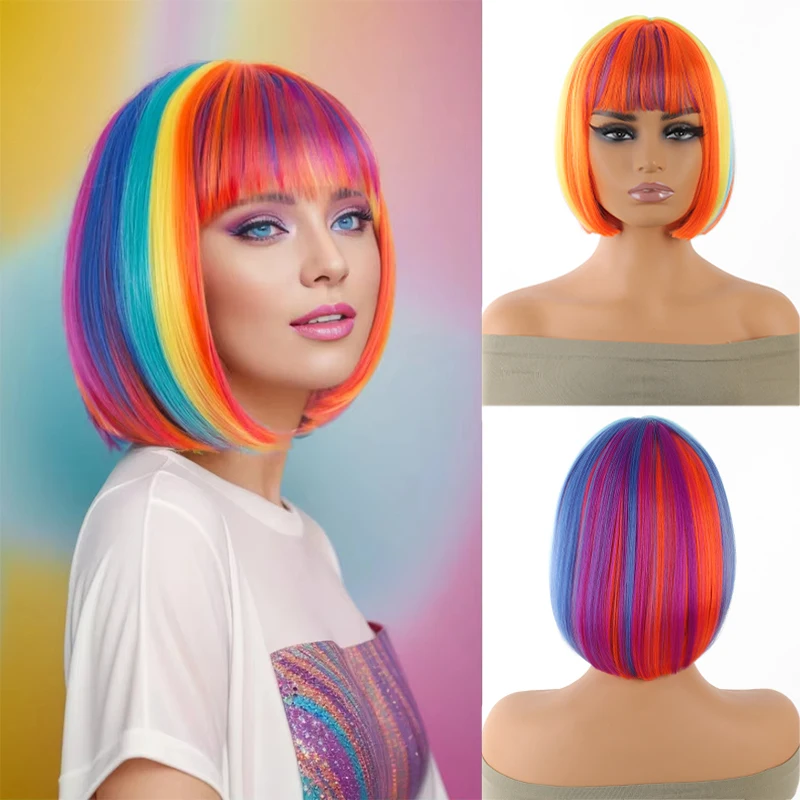

Halloween European and American anime cosplay wig, rainbow Bob hairstyle, straight bangs, full head wig