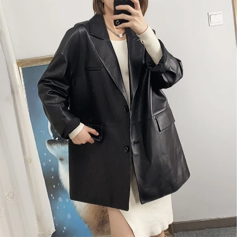 Genuine Leather Women Clothing 2023 Winter Lambskin Silhouette Loose Oversize Coat Minimalism Long Sleeve Stage Suit Jacket