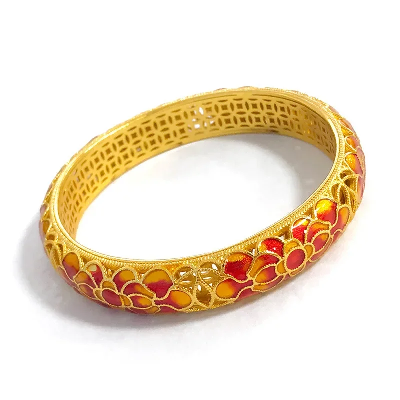 Boutique womens gold AU999 bracelet enamel hollow lotus bracelet 24k pure gold bracelet ethnic style lotus leaf bracelet