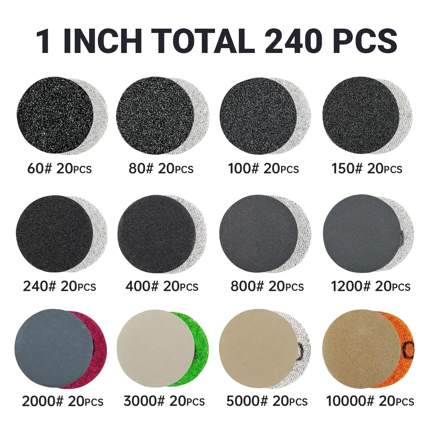 1Inch 25MM Wet Dry Sanding Disc 186/203/245Pcs Assorted Grit 60-10000 with 1/8