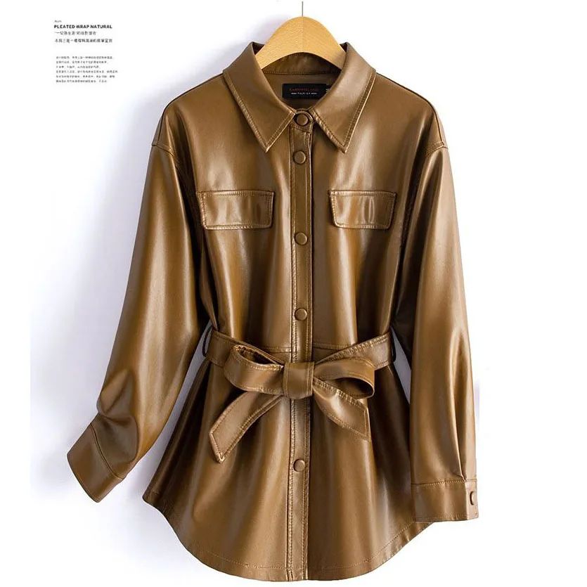 새로운 여성 셔츠 스타일 가죽 자켓 봄 가을 패션 캐주얼 턴 다운 칼라 레이스 업 슬림 가죽 코트 스플릿 가죽