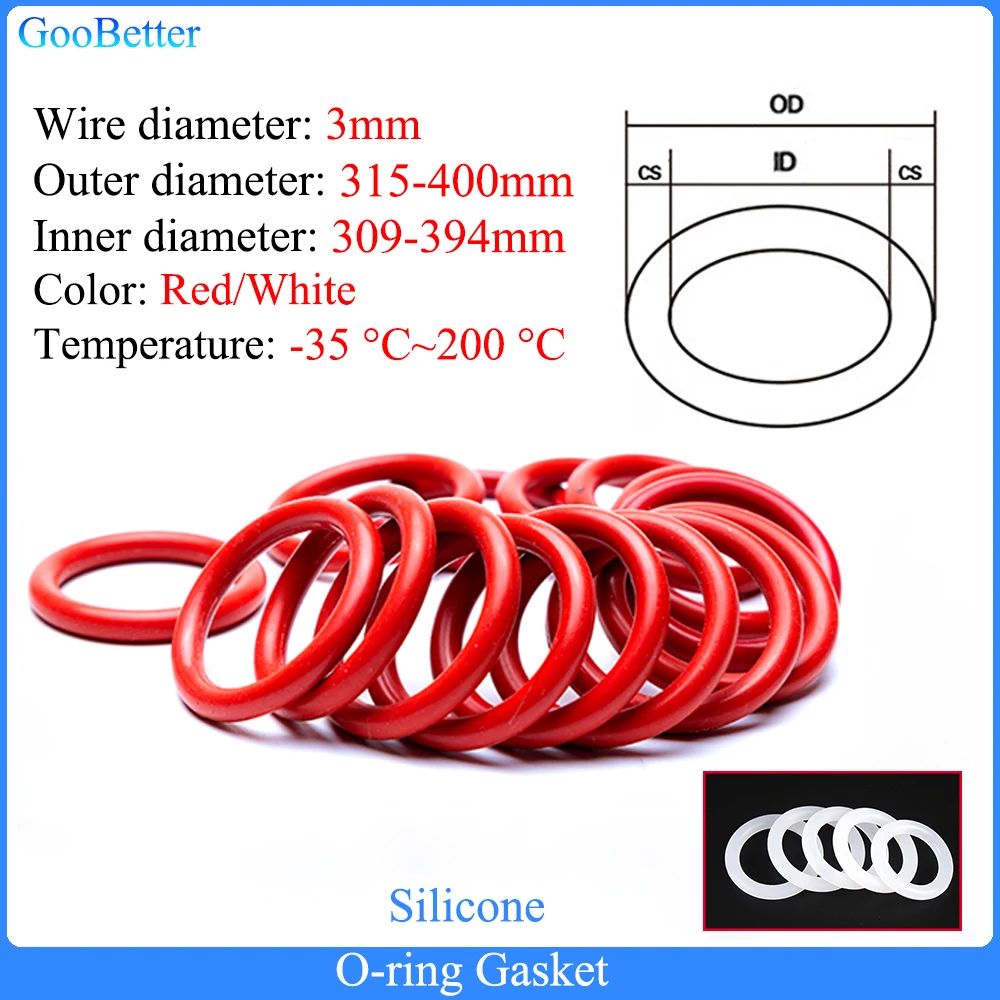 

5Pcs Red/White Silicone Ring Gasket CS 3mm OD 315-400mm Waterproof & Insulated Silicon O Ring Gasket Food Grade Rubber O-ring