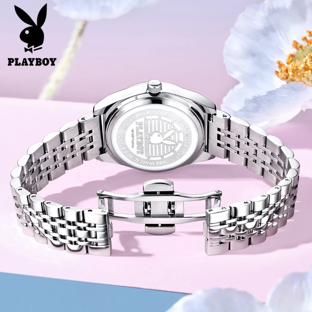 PLAYBOY 3556 Fashion Brand Quartz Movement Watch For Women Roman Digtial Steel Strap 30m Waterproof Luminous Display Watch