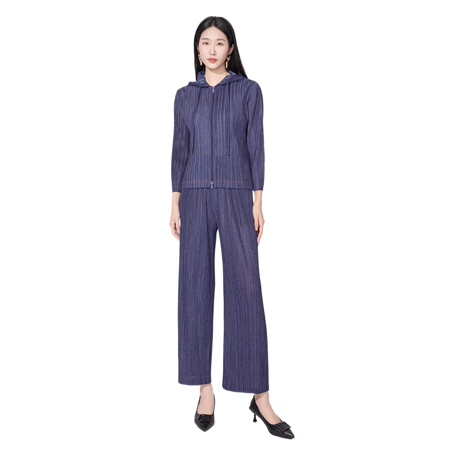 Miyake Pleated Pants Suit for Women 2026 New High-end Denim Blue Hooded Zipper Top + Commuting Wide-leg Pants Two-piece Set