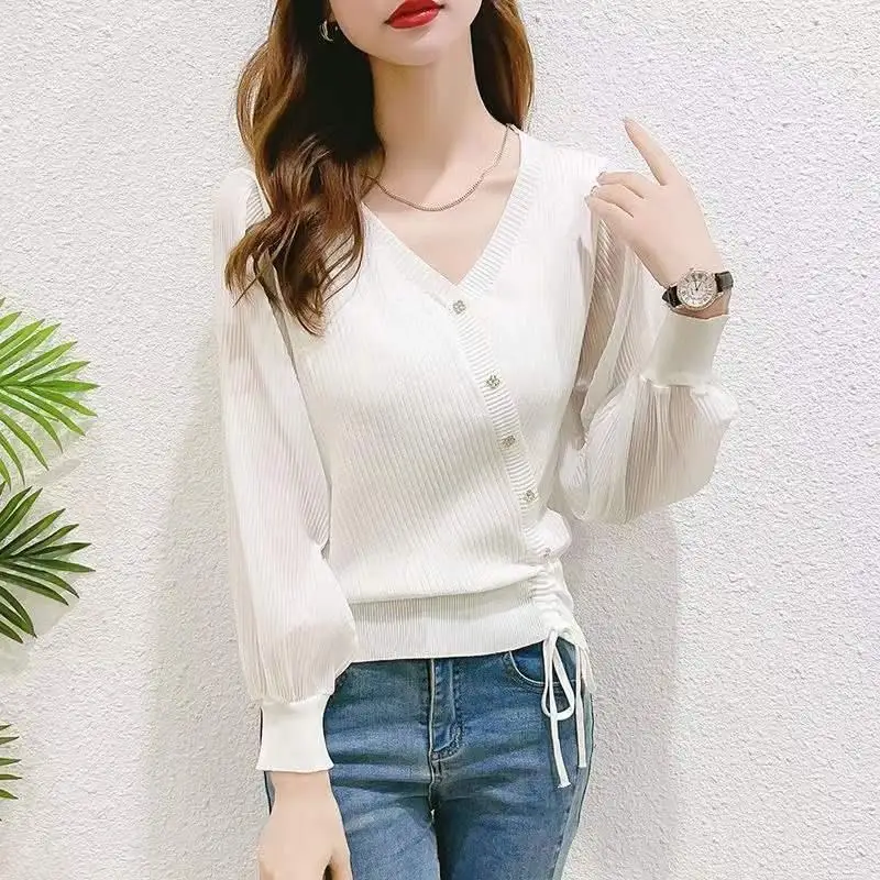 Women\'s Clothing Knitted Button Lantern Long Sleeve Bandage Gauze Rivet V-Neck Cardigan T-shirt Casual Office Lady Elegant Tops