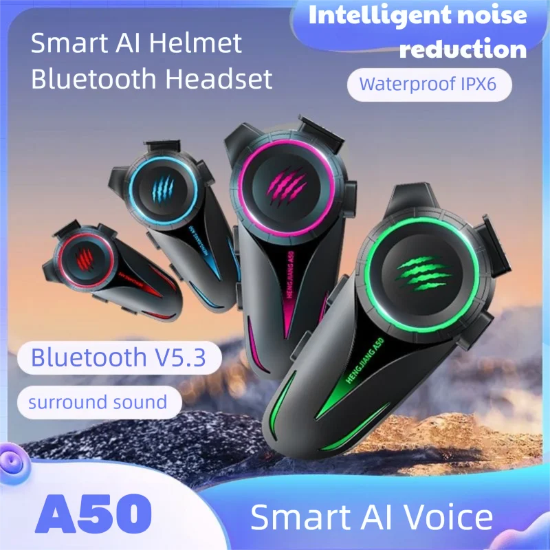 

A50 Bluetooth V5.3 гарнитура для шлема, беспроводной комплект громкой связи для звонков, водонепроницаемые наушники для мотоцикла, MP3-плеер, динамик