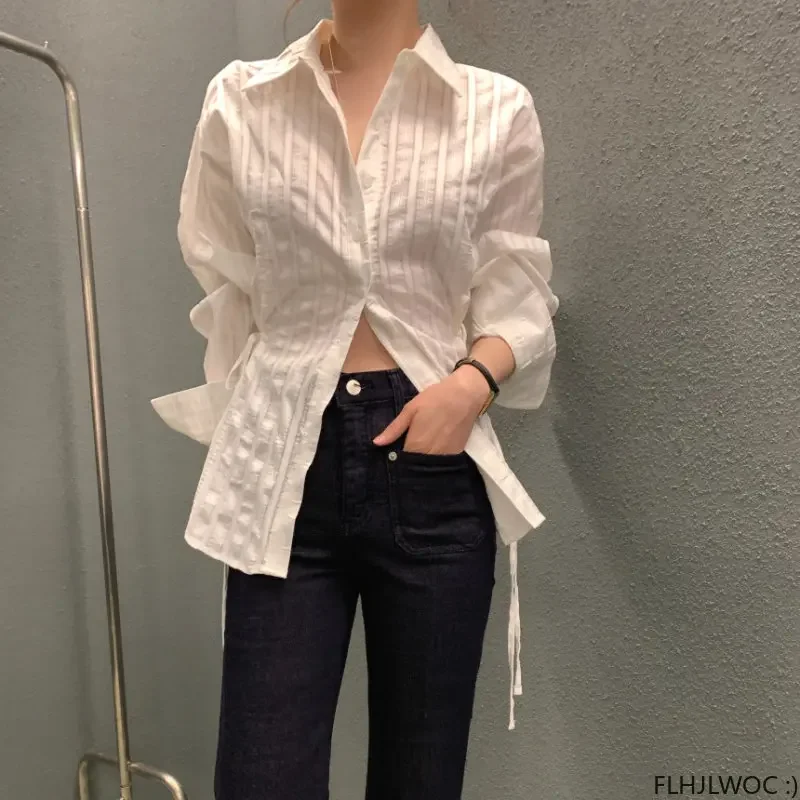 Chic Korea Tops Blusas Vrouwen 2023 Herfst Lange Mouw Nieuw Ontwerp Single-Breasted Effen Kleur Wit Roze Basic Shirts blouses