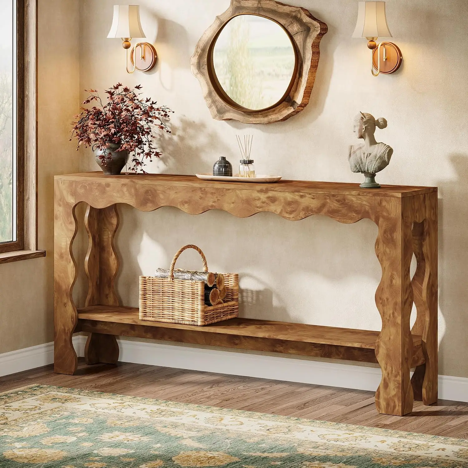 63 Inch Entryway Table With Scalloped Edge & Storage Shelf, Narrow Long Sofa Console Table For Entryway Living Room, Customized