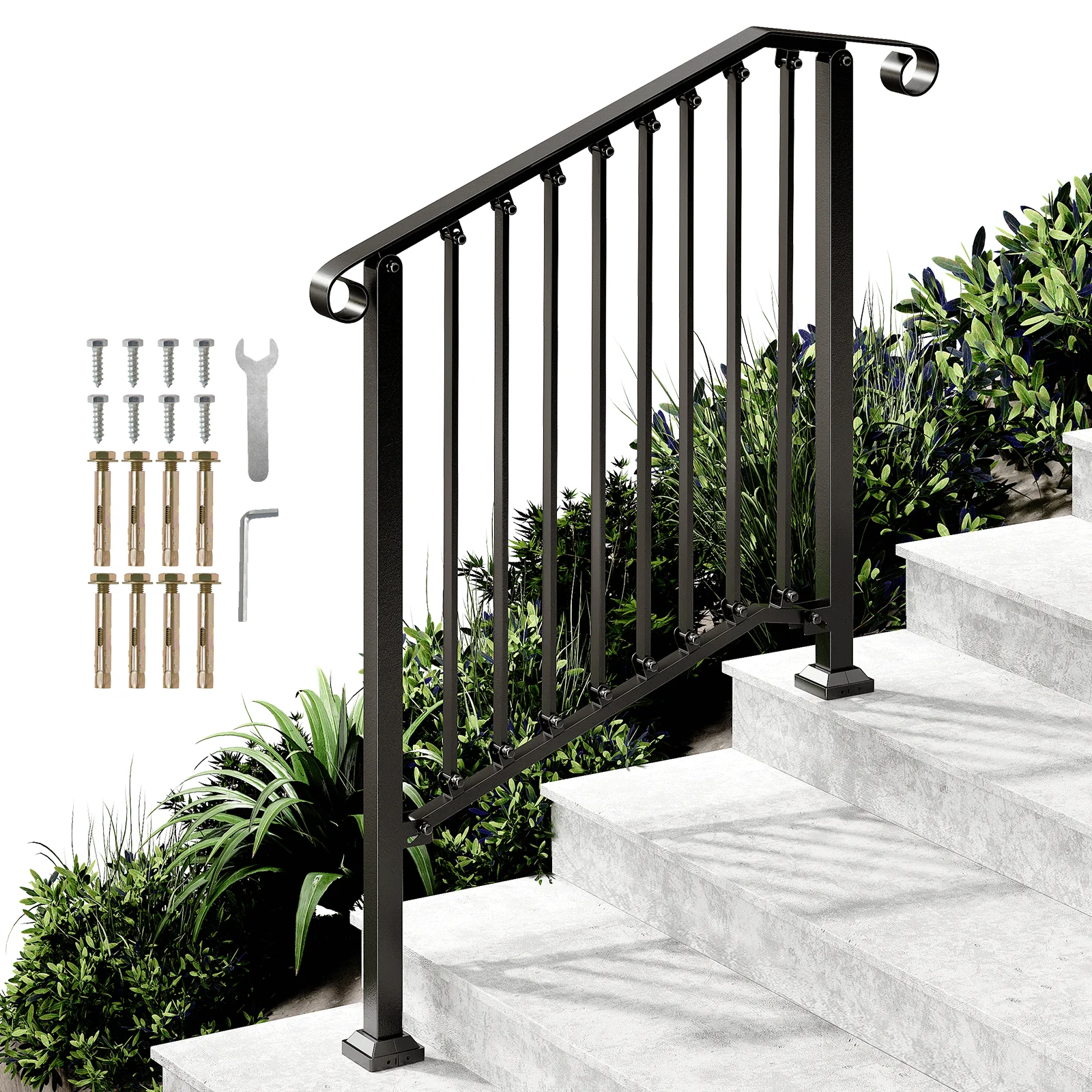 REDLIFE Handrails for Outdoor Steps Fit 2-4 Steps Outdoor Stair Railing，Wrought Iron Handrail for Concrete Steps & Wooden Stairs