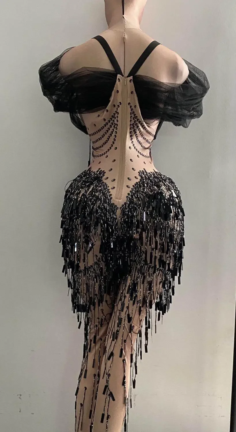 Nightclub Prom Celebration Singer Stage Wear Women Sexy Black Chiffon Sleeve Sequin Tassel Bodysuit Dancer Skinny Nude Jumpsuit