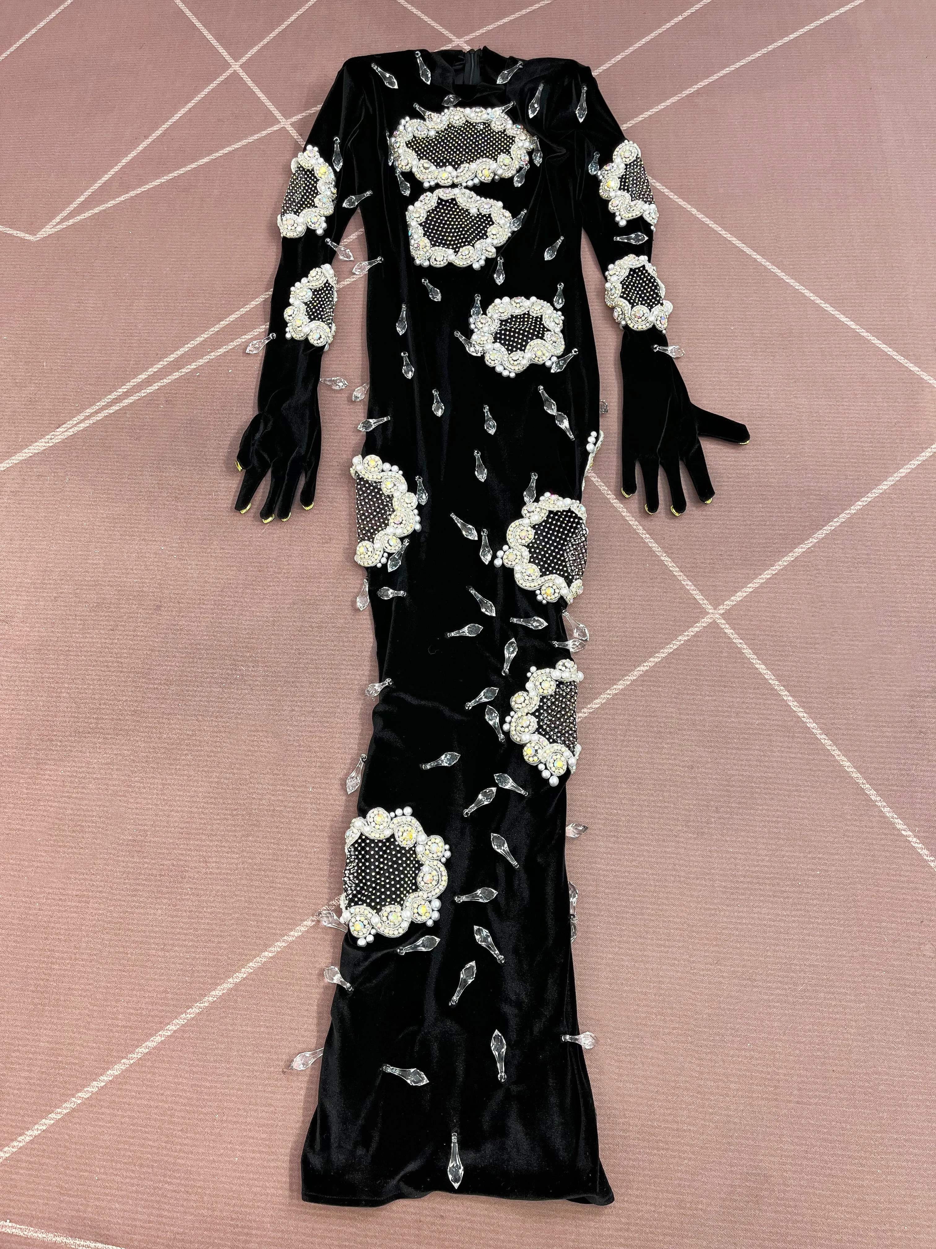 High-end Designed Twinkling Crystals Pendant Trim Fit Velvet Dress Women Evening Cocktail Party Gown Red Carpet Show Outfit Xiao view 6