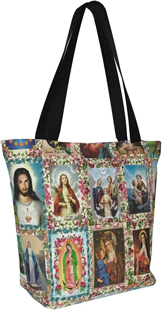 Catholic Saints Images Crew Reusable Tote Bag Women Large Casual Handbag Shoulder Bags for Shopping Groceries Travel Outdoors