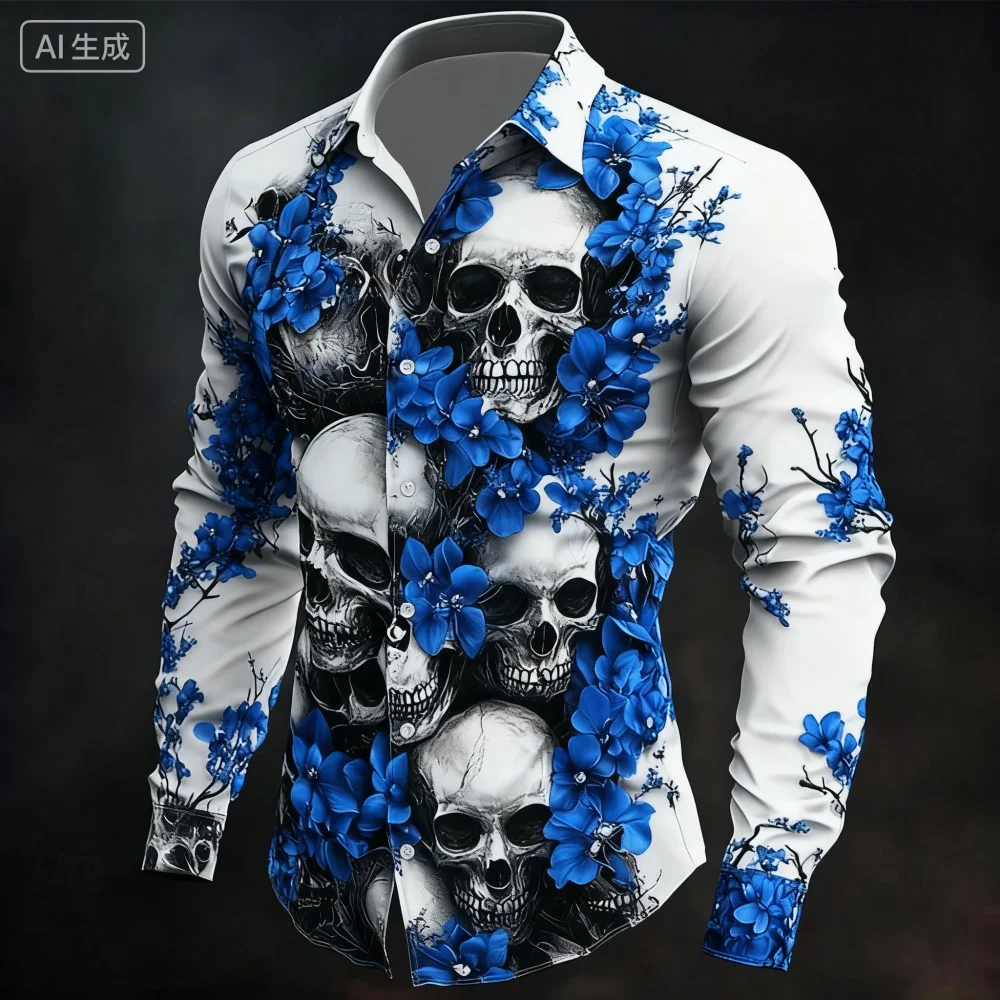 Men's Classic Skull 3D Printed Halloween Shirt Long Sleeved Lapel Comfortable Holiday Party Clothing 11 Colors to Choose from