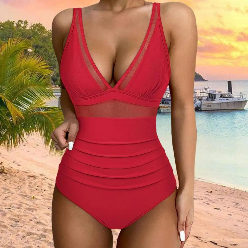 Dames Monokini V-hals Bikini uit één stuk Stijlvol Monokini-badpak met V-hals en hoge taille Mesh-splicing Dames Slim Fit uit één stuk