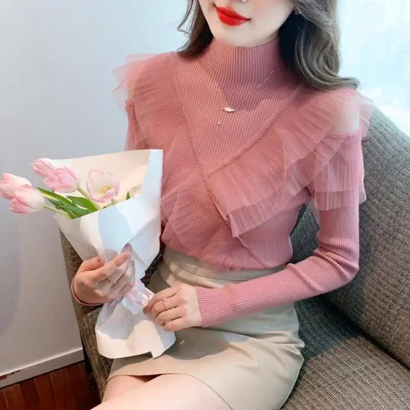 Ladies Pullovers Pink Coquette Slim Fit Splicing Mesh Women\'s Knit Sweater Turtleneck Clothing Sales Winter 2024 Original Trend