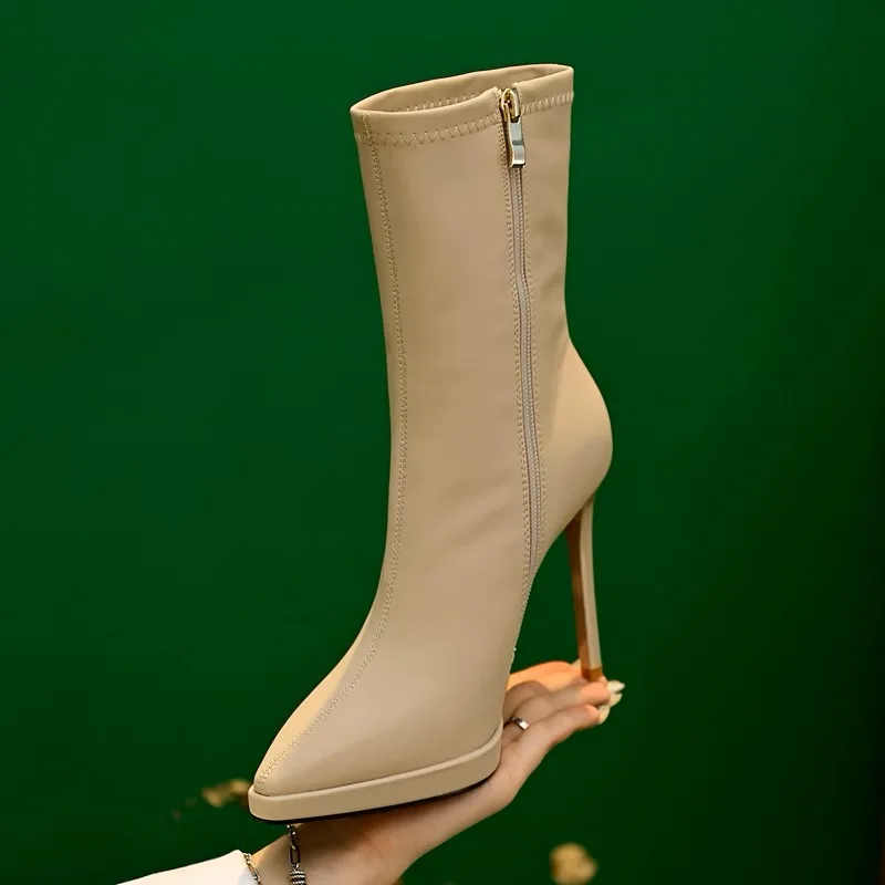 2024 New Womens High-heeled Mid Calf Boots with Side Zipper Pointed Toe Thin Heel Anti Slip Waterproof Winter PU Fashion Boots