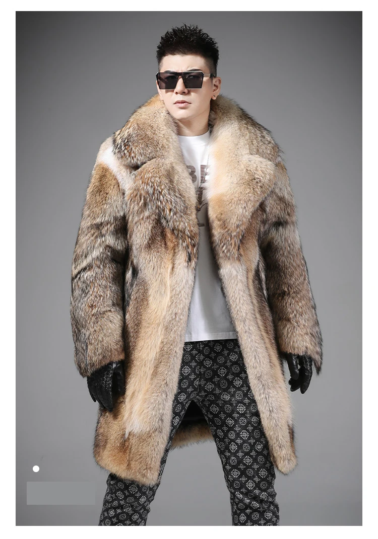 Winter 2024 New North American Coyote Men\'s Suit Collar Long Fur Coat Warm Leisure Natural Wolf Skin