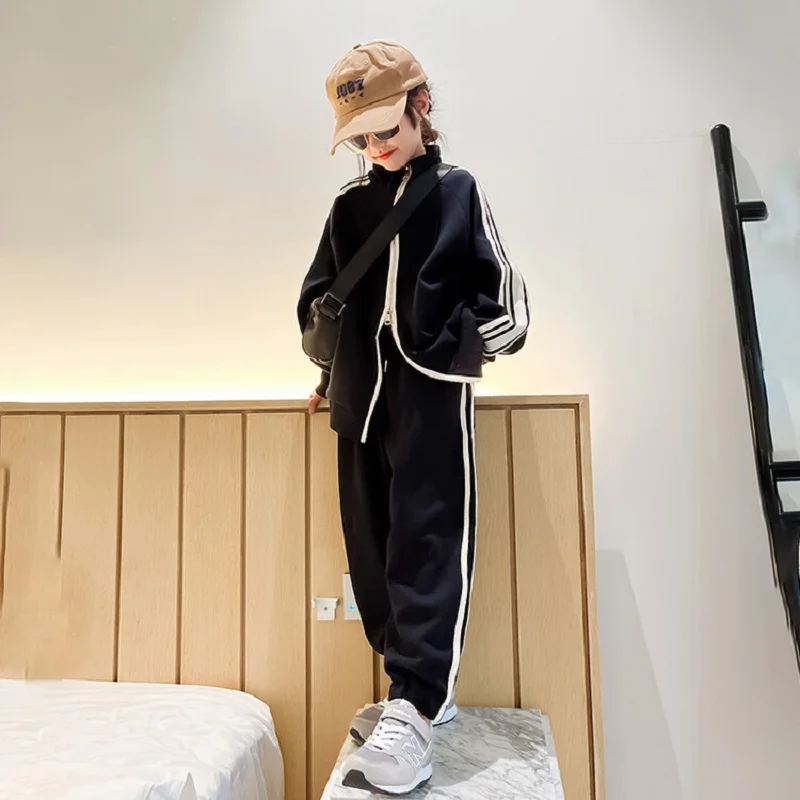 Girls Contrast Striped Full Zip Sweat Jacket+Drawstring Sweatpant School Kids Tracksuit Child Jogger Outfit Workout Set 3-16Yrs