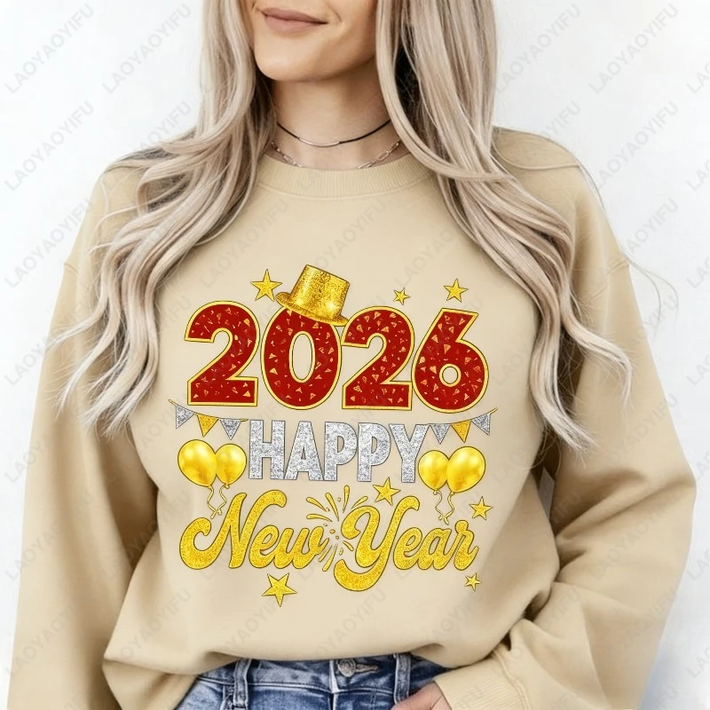 Feliz ano novo 2026 moletom ouro glitter chapéu nude vintage estética festa inverno pulôver família celebração presente feminino com capuz