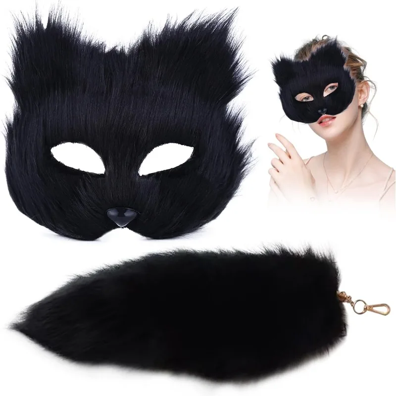 Therianische pelzige Fuchsmaske mit 40,6 cm langem Schwanz, Schlüsselanhänger, halbes Gesicht, Maskerade-Maske für Cosplay, Kostüm, Party-Zubehör – Detail 1