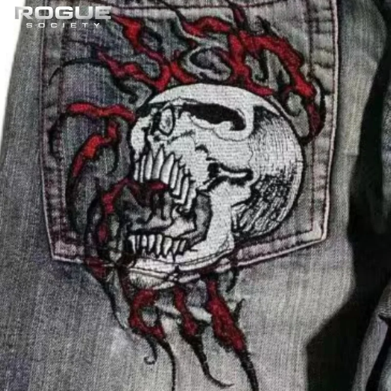 New American Skull Embroidered Washed Denim Pants Men  Harajuku Grey Baggy Y2k Jeans Vintage Streetwear Trousers Casual Gothic