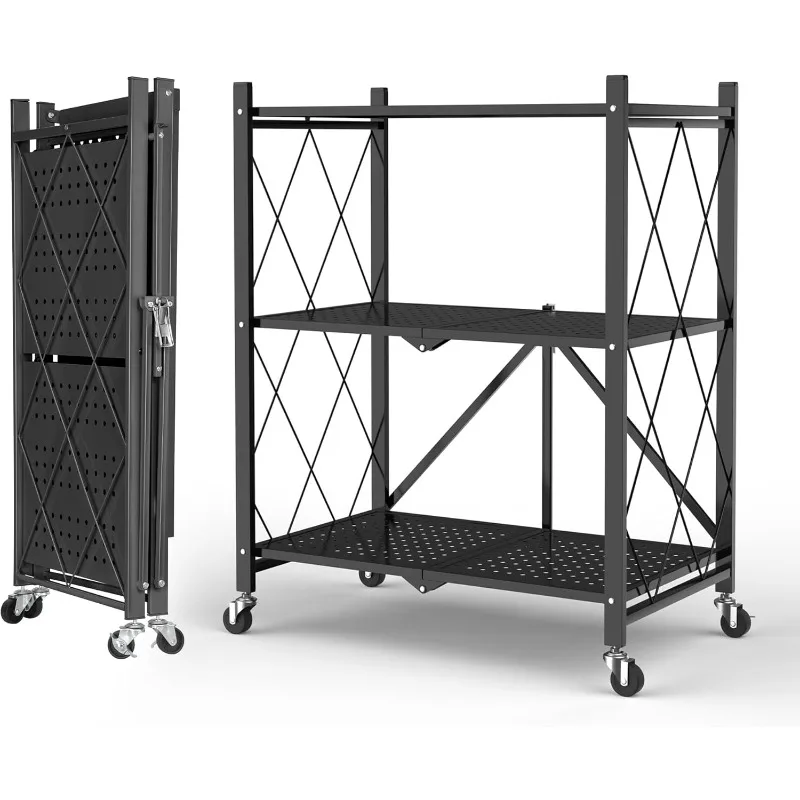 Foldable 3-Tier Storage Shelves with Wheels, Folding Bookshelf No Assembly, Metal Display Shelf for Balcony